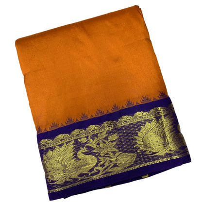 9X5 Pure Silk Dhoti Mango Yellow Colour with Blue and Sky Blue Ganga Jamuna Border