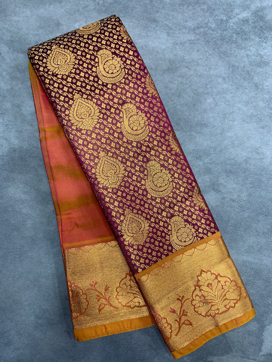 Vegan Silk Saree Maroon Colour with Golden Yellow and Copper Border