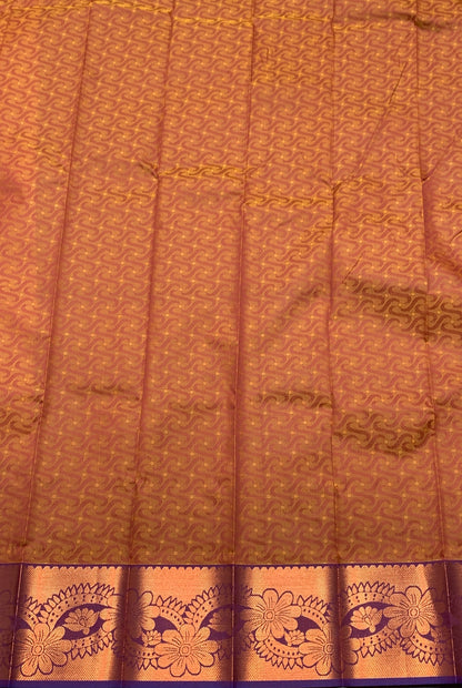 Synthetic Cotton Saree Brown Colour with Copper Floral Design Border