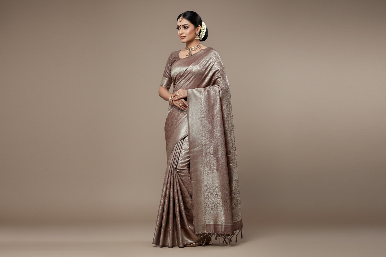 Fancy Tissue Saree Brown Colour with Self Design Border