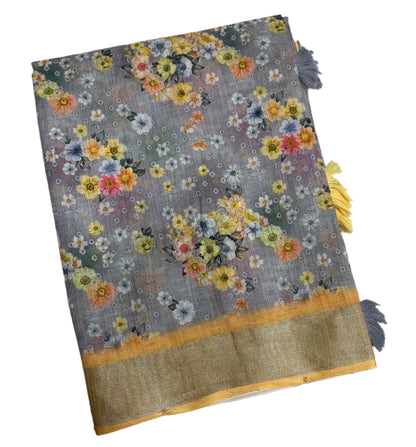 Jute Cotton Saree Gray Colour with Thread Border