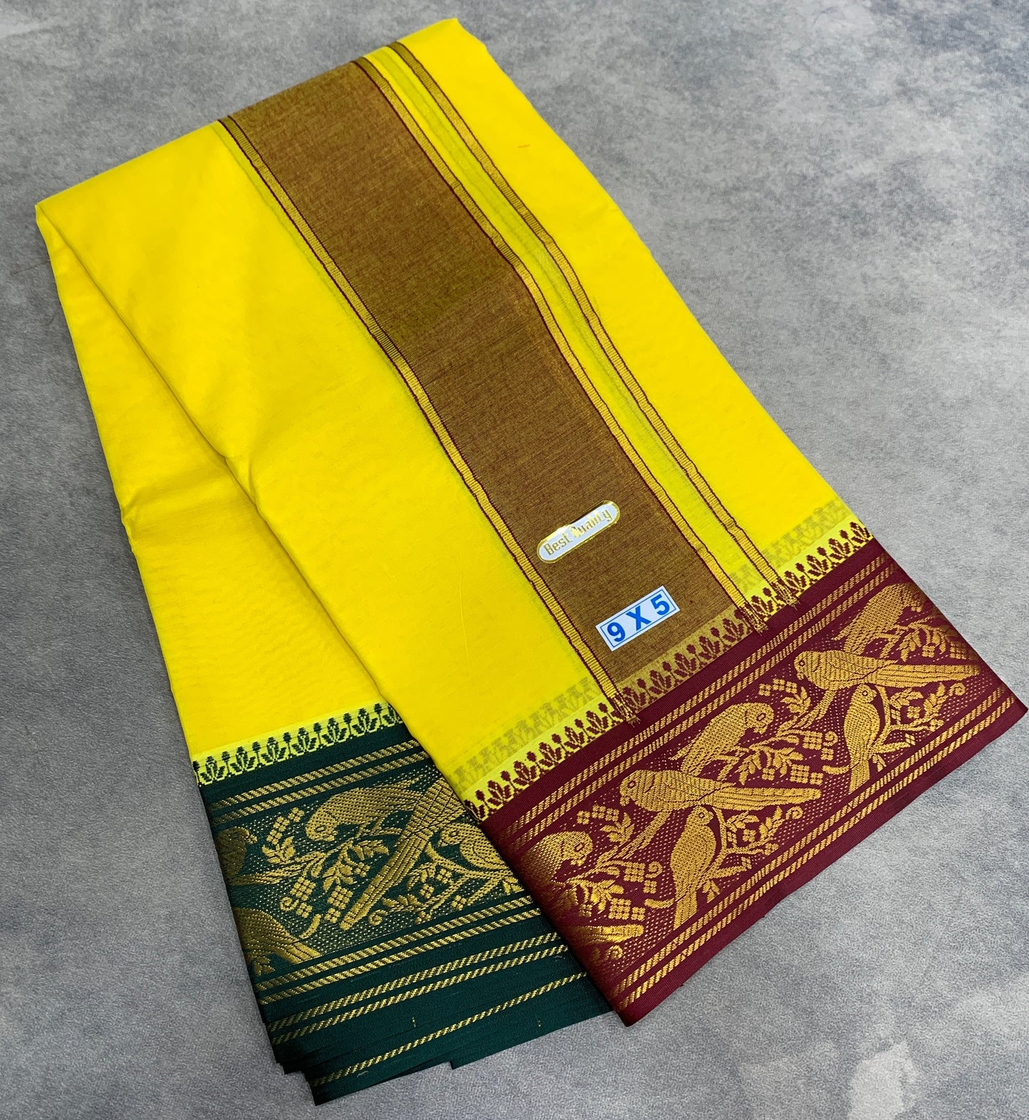 9X5 Cotton Dhoti Yellow Maroon and Green Zari Border with Angavastram