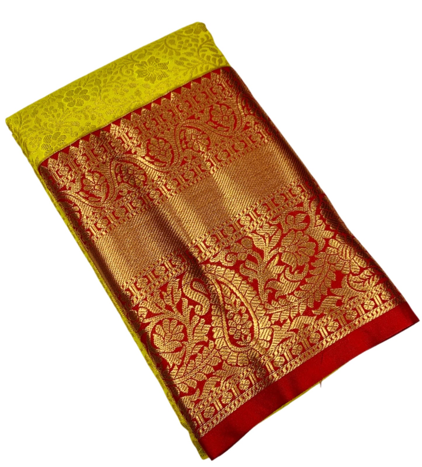 Lemon Yellow Colour Semi Silk Saree with Big Red Border