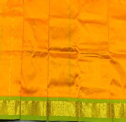 Mango Yellow Shade Pure Kanchipuram Kids Pattu Pavadai with Contrast Border for Newborn to 2 Years