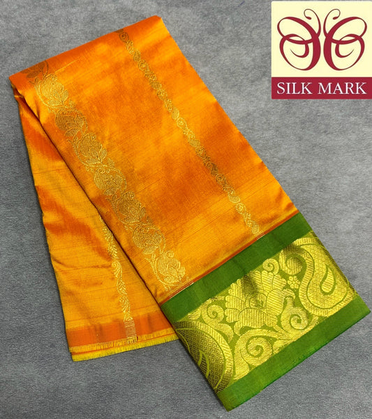 Mango Yellow Shade Pure Kanchipuram Kids Pattu Pavadai with Contrast Border for Newborn to 2 Years