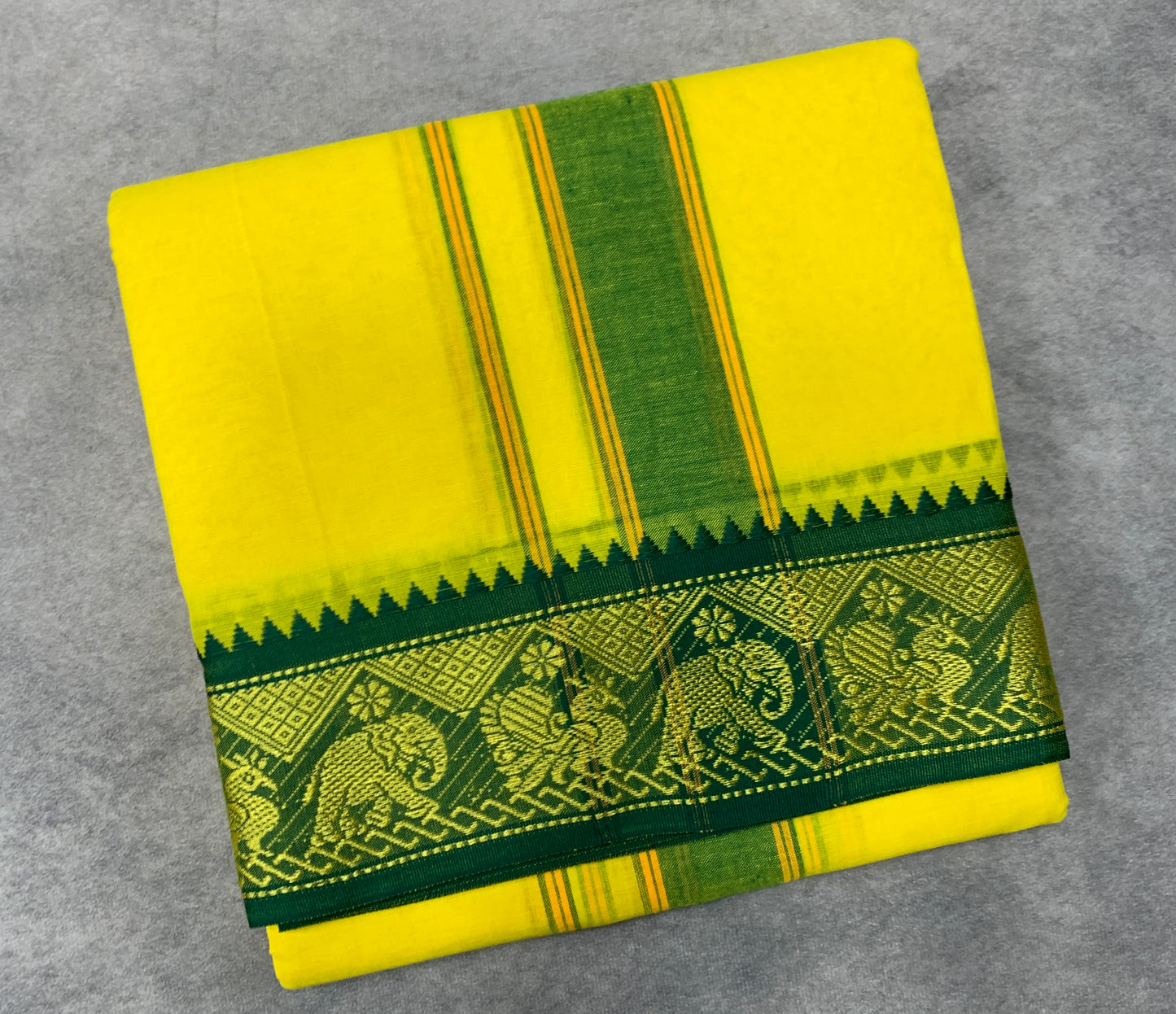 9X5 Cotton Dhoti Yellow Colour with Green and Red Border with Angavastarm