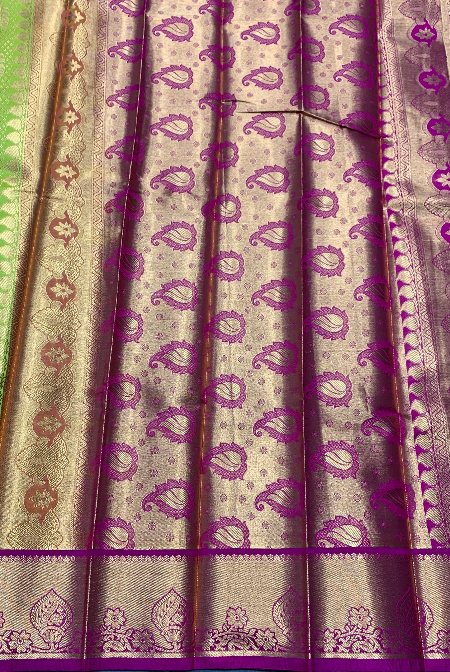 Vegan Silk Saree Lime Green Colour with Pink and Copper Border