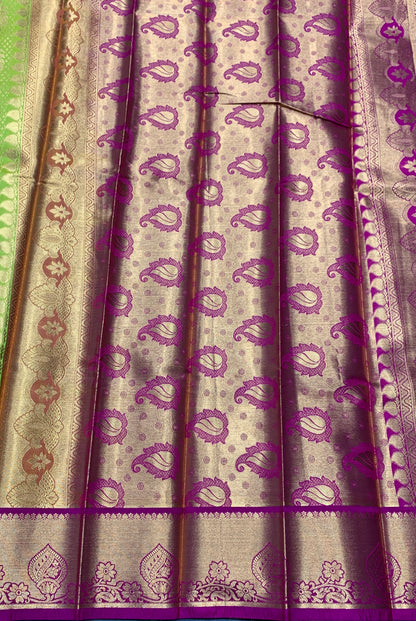 Vegan Silk Saree Lime Green Colour with Pink and Copper Border