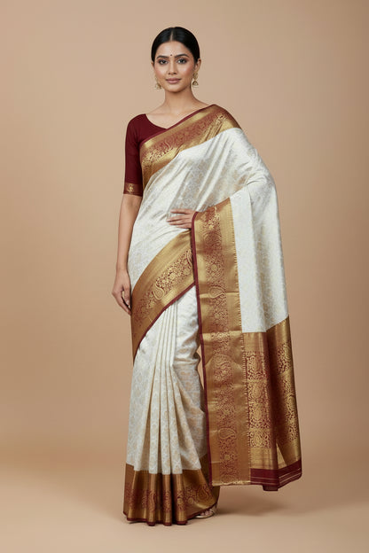 Ivory Colour Soft Kanchi Tissue Pattu Saree with Maroon border