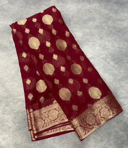 Georgette Saree  Maroon Colour with Sliver Floral Design Border