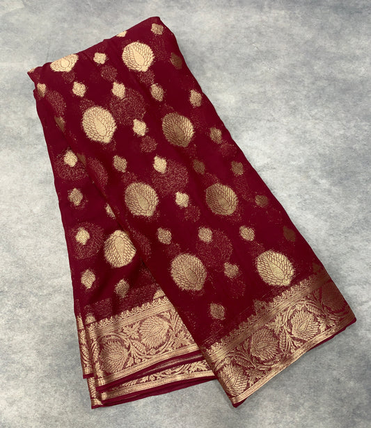 Georgette Saree  Maroon Colour with Sliver Floral Design Border