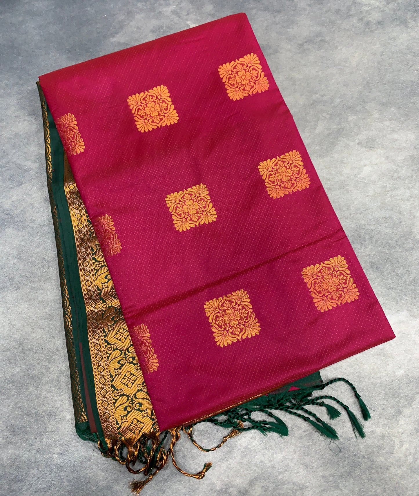 Soft Vegan Silk Saree Redish Pink Colour with Green and Copper Border