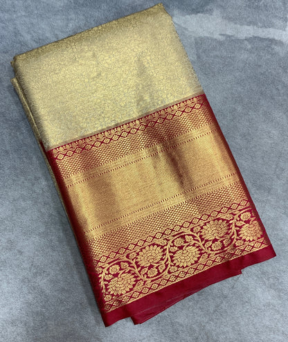 Fancy Tissue Saree Golden Colour with Red Colour Floral Design Border