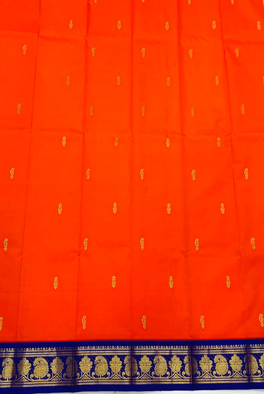 Pure Kanchipuram Silk Saree Orange Colour with Blue Border