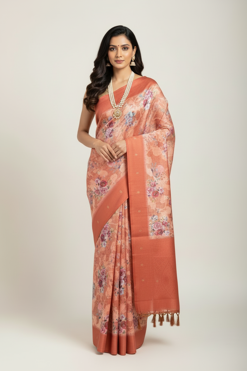 Digital Print Cotton Saree Brown Colour with Floral Pattern