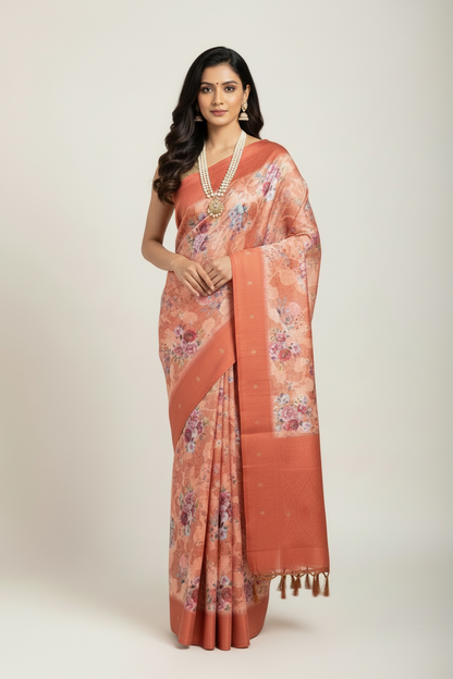 Digital Print Cotton Saree Brown Colour with Floral Pattern