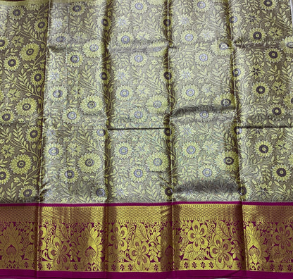 Golden Gray Shade Vegan Silk Kids Pattu Pavadai with Contrast Border for age 2 to 5