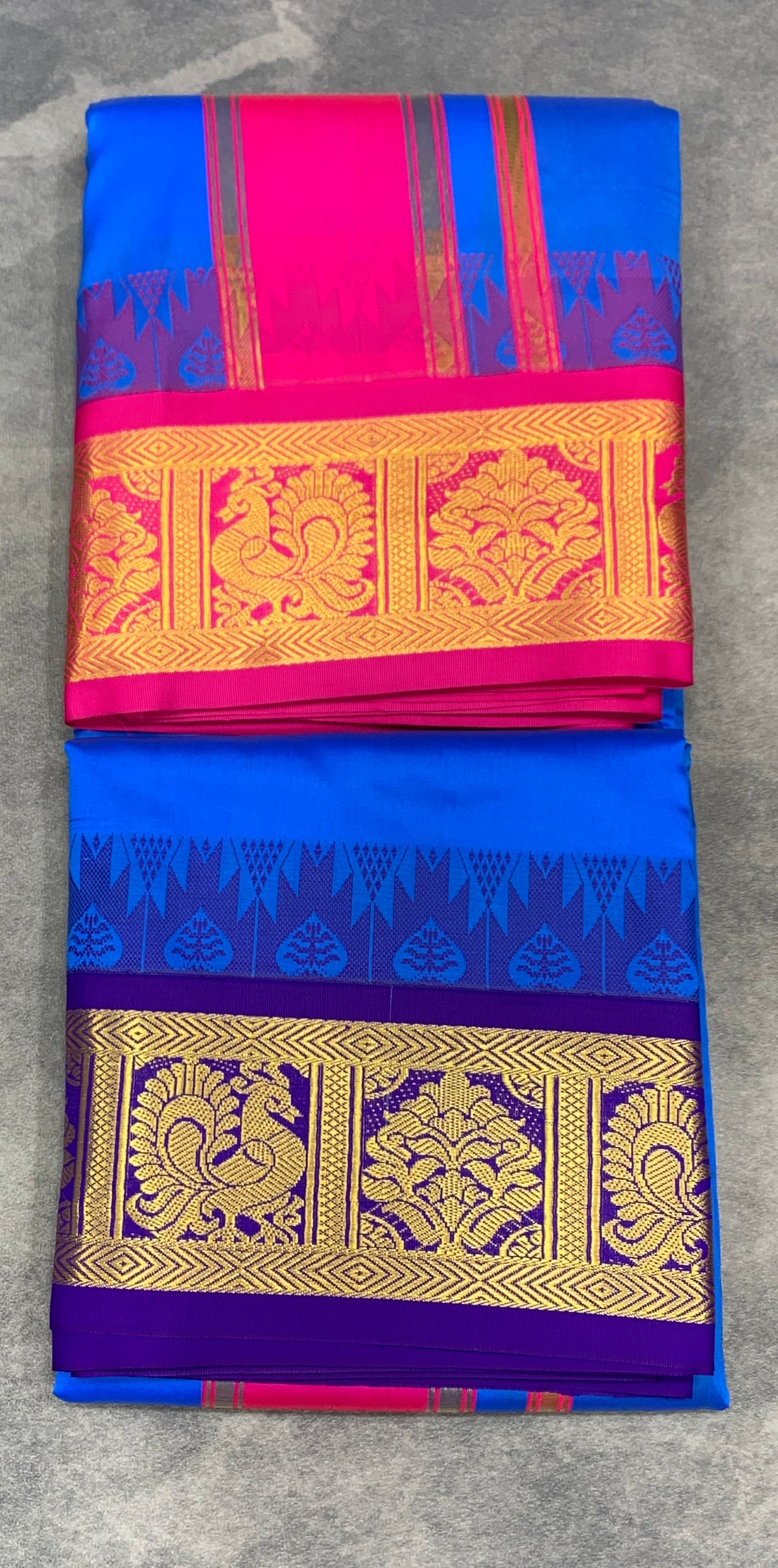 Art Silk Dhothi 9X5 Sky Blue Colour with Pink and Blue Colour Ganga Jamuna Border