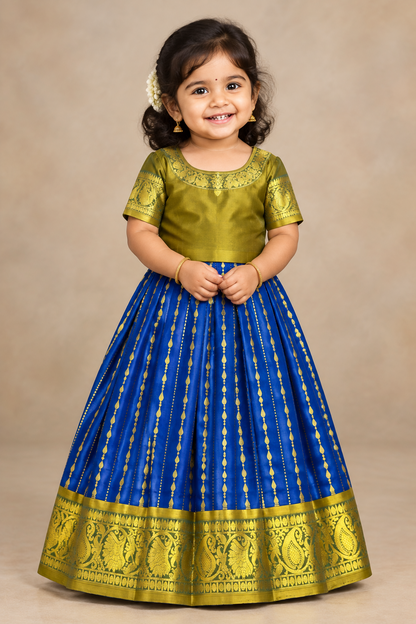 Peacock Blue Shade Pure Kanchipuram Kids Pattu Pavadai with Contrast Border for Newborn to 2 Years