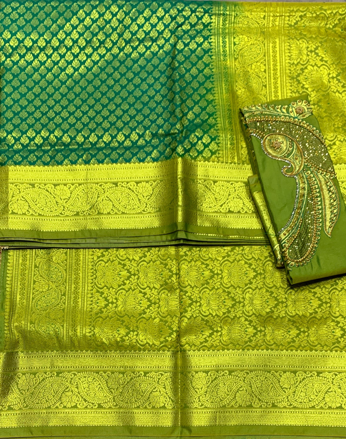 Bridal Vegan Silk Saree Green shade with lime Green Border with Unstitched blouse in Aari work