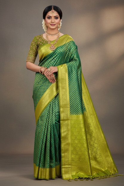 Bridal Vegan Silk Saree Green shade with lime Green Border with Unstitched blouse in Aari work