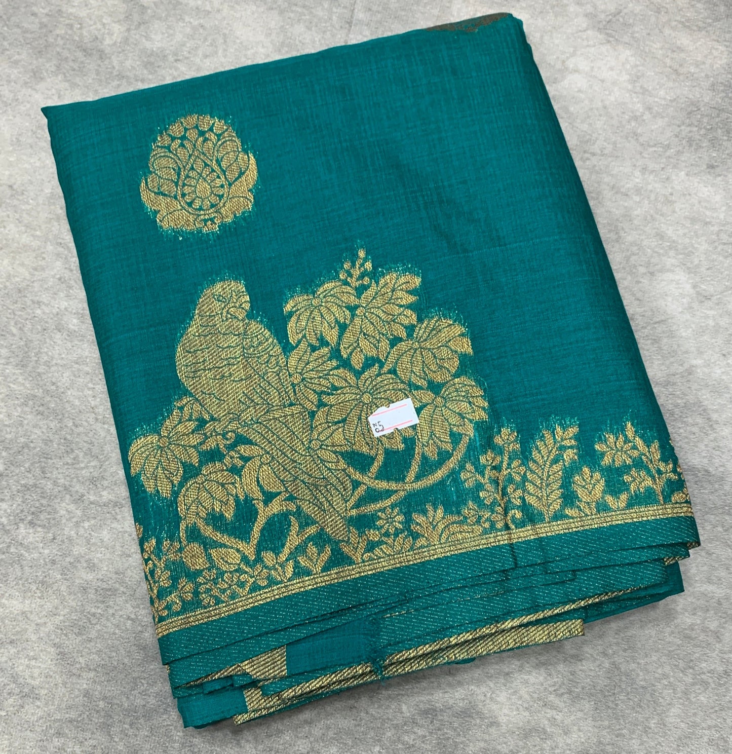 Kora Silk Saree Rama Green Colour with Flower and Parrot Design Border