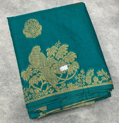 Kora Silk Saree Rama Green Colour with Flower and Parrot Design Border