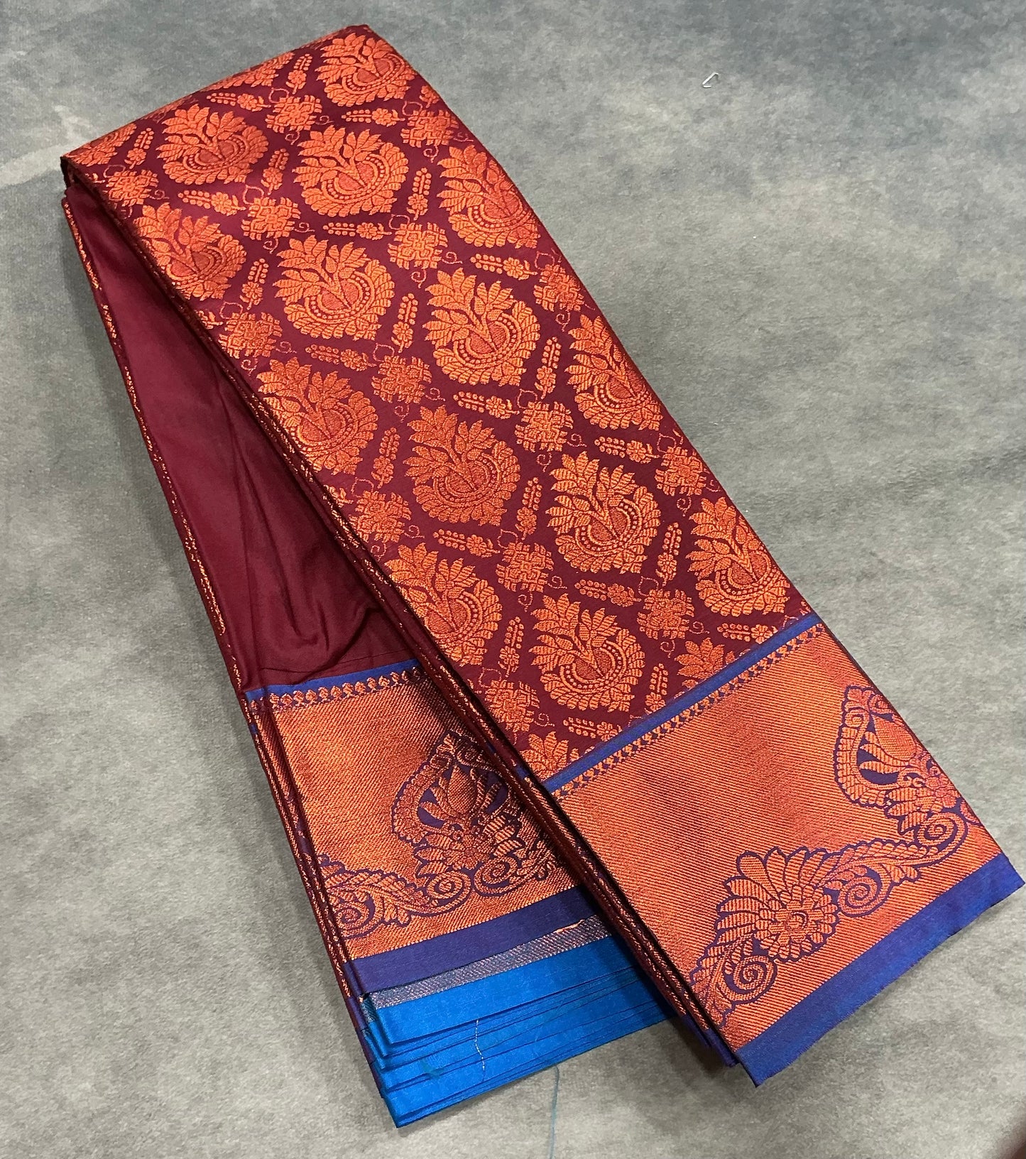 Vegan Silk Saree Dark Maroon Colour with Copper and Blue Border
