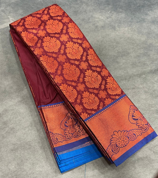 Vegan Silk Saree Dark Maroon Colour with Copper and Blue Border