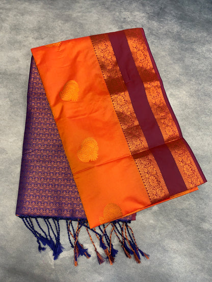 Soft Vegan Silk Saree Orange Colour with Rettai Pettu Border