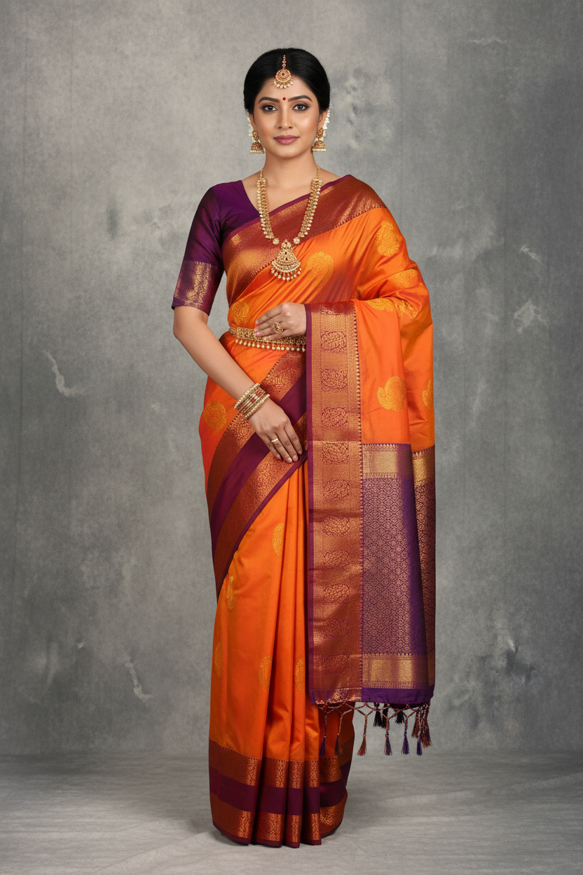 Soft Vegan Silk Saree Orange Colour with Rettai Pettu Border