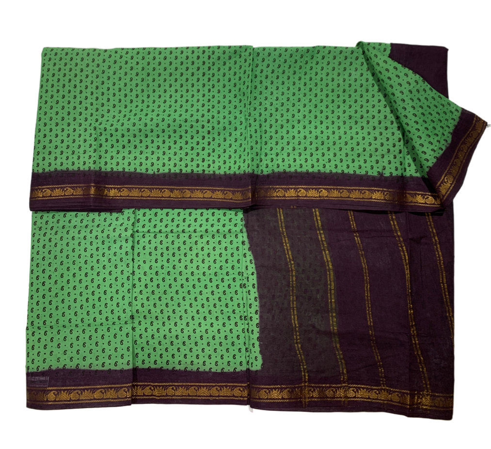 9 yards Cotton Saree Pista Green Colour with Brown Border