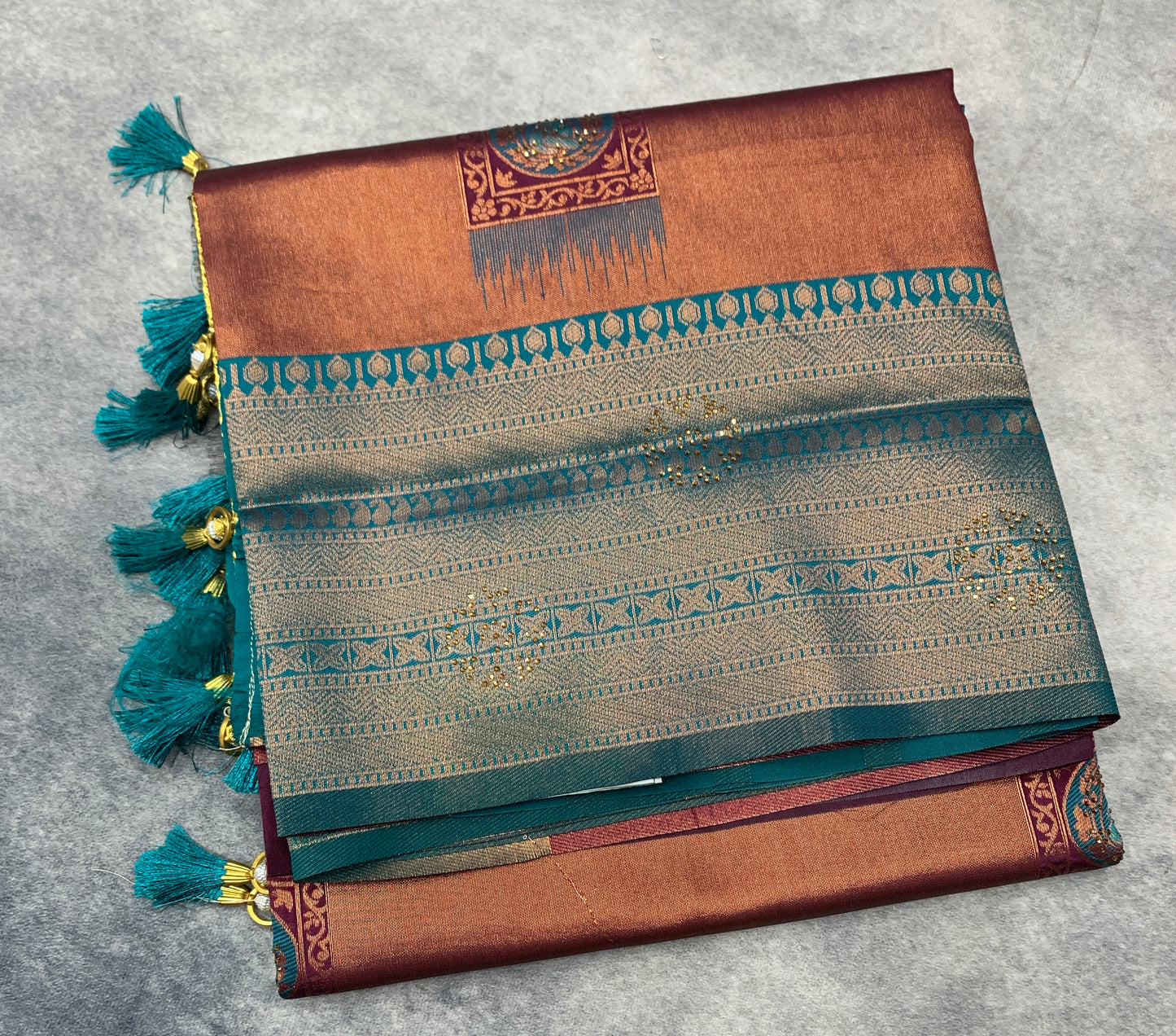 Art Silk Saree Maroon Colour and Stone Work with Rama Green Border
