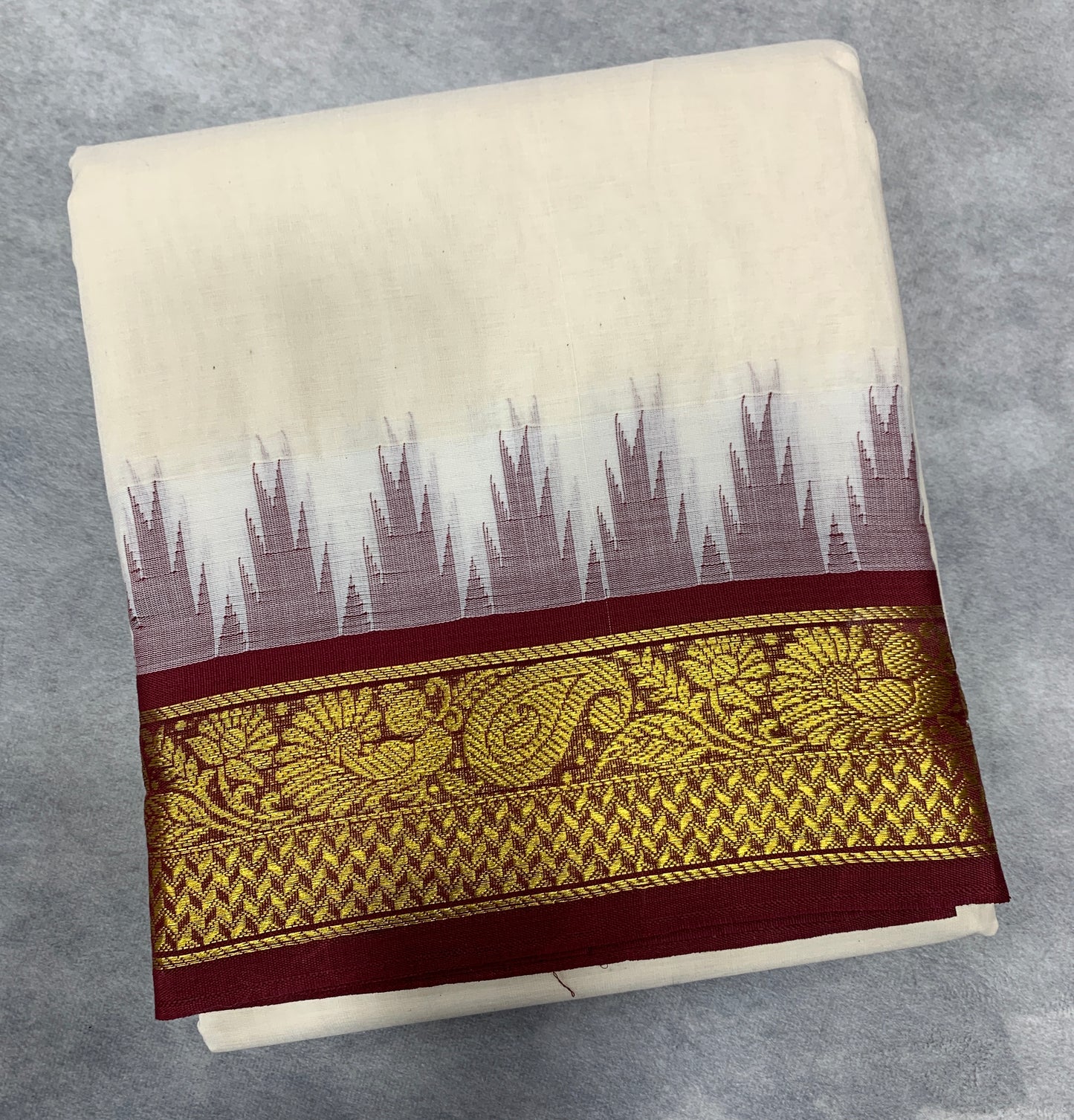 Korvai Cotton Dhoti Half White Colour with Maroon and Green Border