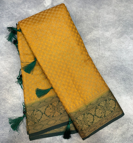 Crepe Saree Mustard Colour with Green Border