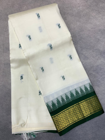 Pure Kanchipuram Silk Saree White Colour with Green Border
