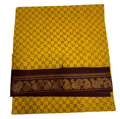 Chettinad Sungudi Cotton Mustard Colour Brown Border