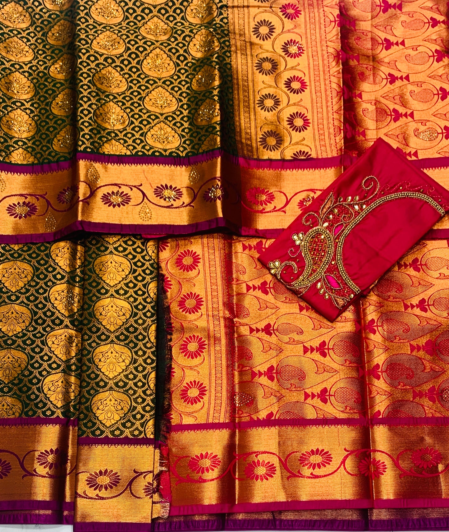 Bridal Vegan Silk Saree Green shade with Purple Border with Unstitched blouse in Aari work