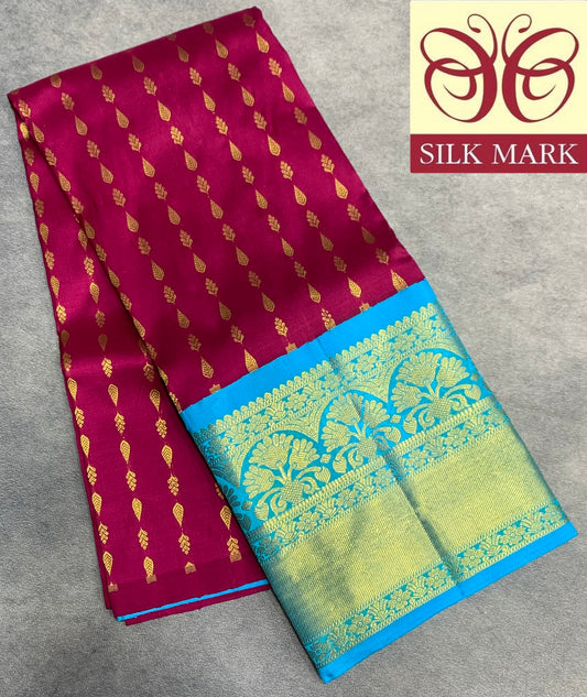 Magenta Shade Pure Kanchipuram Kids Pattu Pavadai with Contrast Border for age 2 to 5