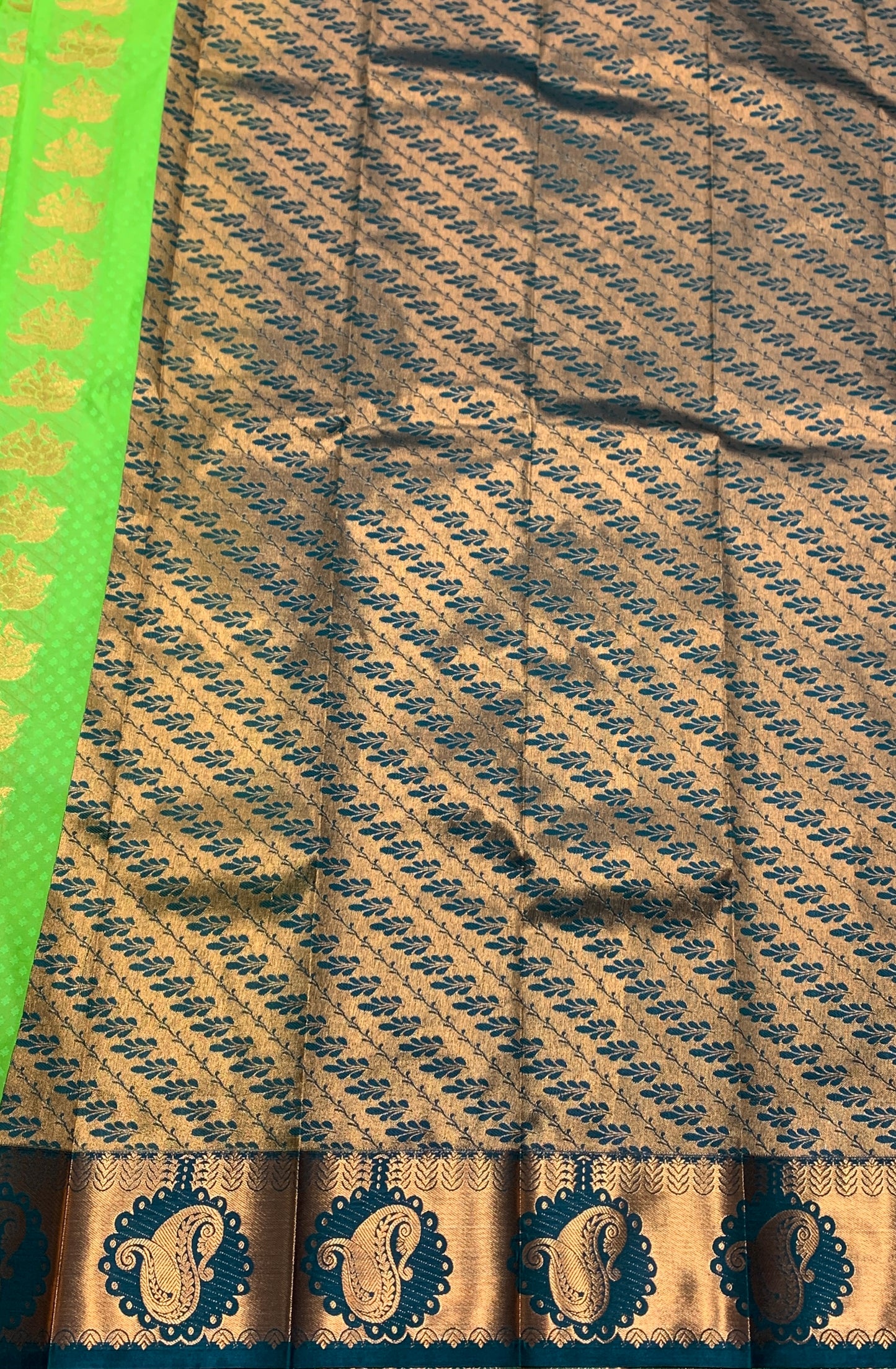 Vegan Silk Saree Apple Green Colour Saree with Copper Border