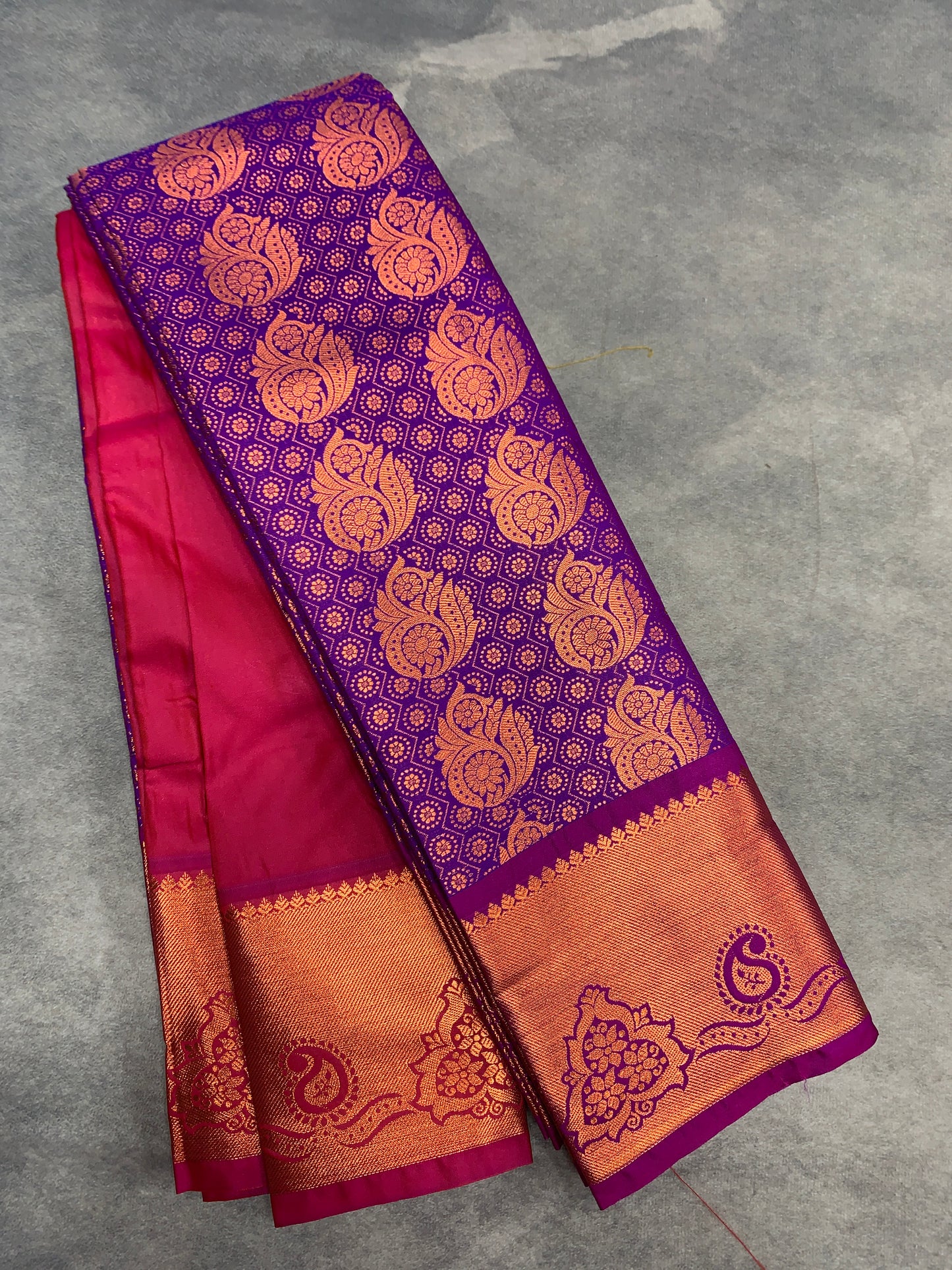 Vegan Silk Saree Purple Colour with Pink and Copper Border