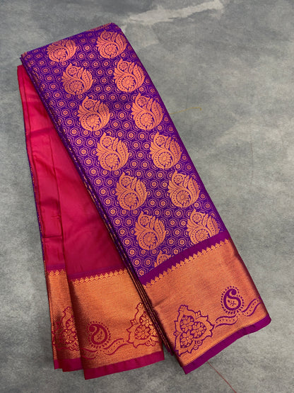 Vegan Silk Saree Purple Colour with Pink and Copper Border