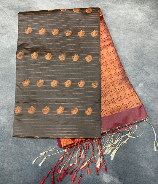 Soft Vegan Silk Saree Gray Colour with Onion Pink and Copper Border