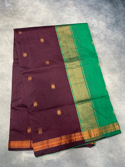 Brown Colour Silk Cotton Saree with Copper Zari Border