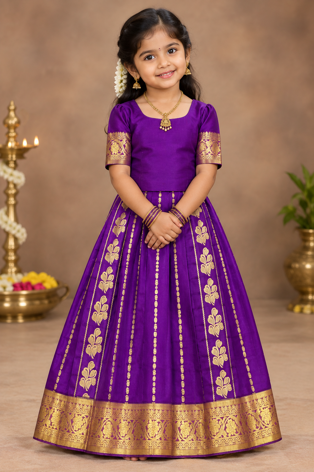 Magenta Shade Semi silk Kids Pattu Pavadai with Contrast border for age 5 to 10
