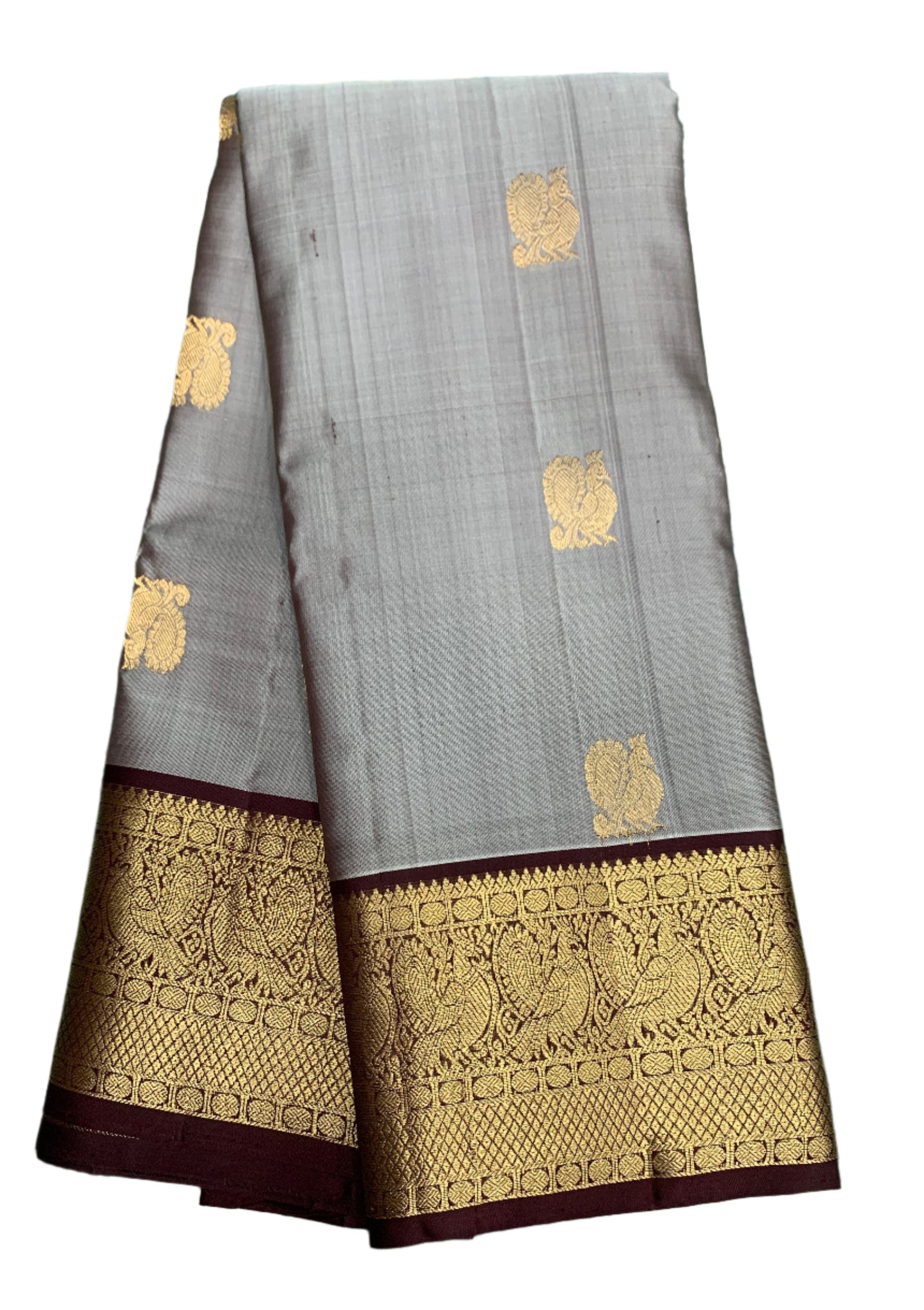 Pure Kanchipuram Silk Saree Gray Colour with Brown Border