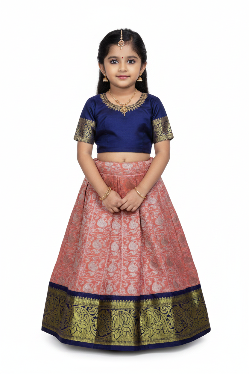 Peach Shade Vegan Silk Kids Pattu Pavadai with Contrast Border for Newborn to 2 Years