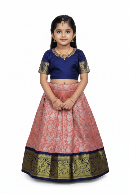 Peach Shade Vegan Silk Kids Pattu Pavadai with Contrast Border for Newborn to 2 Years