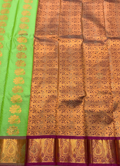 Vegan Silk Saree Light Green Colour with Copper and Brown Floral Design Border