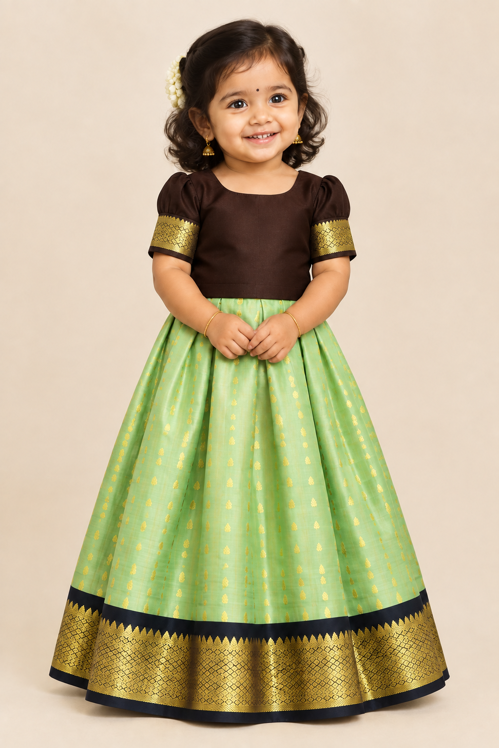 Pista Green Shade Pure Kanchipuram Kids Pattu Pavadai with Contrast Border for Newborn to 2 Years
